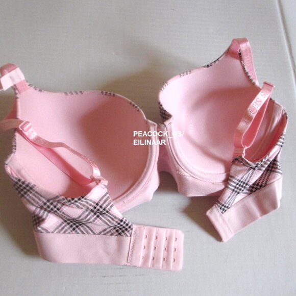 32DD/S Victoria Secret Shine Patch Cotton Push Up Bra Set Thong Panty Pink Plaid - Picture 7 of 13